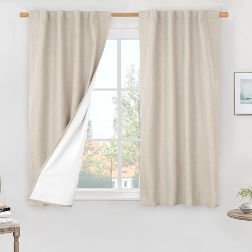 Oatmeal Linen 100% Blackout Window Curtains for Bedroom 45 Inch | Linen Textured, Thermal Farmhouse Curtains, Rod Pocket Back Tab, Window Drapes, with White Liner, 2 Panels, 38 x 45 Inch - color: Oatmeal, size: 38"W x 45"L (Pack of 2)