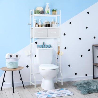 YBING Over The Toilet Storage Cabinet, Over Toilet Bathroom Organizer with Drawer, Roll Holder and Hooks, Bathroom Storage Cabinet, Wooden, White - color: Whtie