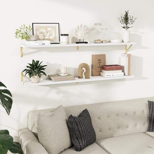 Dreamland Wall Mounted Floating Shelves Set of 2, 55x8, White&Gold | Engineered Wood, Visible Bracket, Large Storage, Hold Up to 80lbs, Living Room, Bathroom, Bedroom, Kitchen - color: White&gold, size: 55"W x 8"D