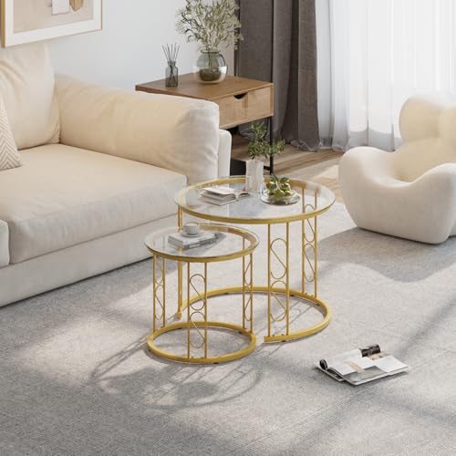 Nesting Coffee Table, 23.6" Round Coffee Table Set of 2, Glass Nesting Table with Metal Frame, Ceter Tables for Living Room Bedroom Balcony, Gold - color: Glass and Gold
