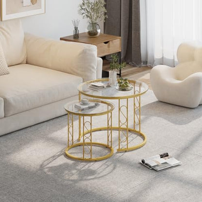 Nesting Coffee Table, 23.6" Round Coffee Table Set of 2, Glass Nesting Table with Metal Frame, Ceter Tables for Living Room Bedroom Balcony, Gold - color: Glass and Gold