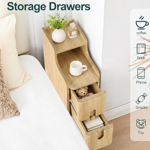 FurSch Narrow Nightstand, Wooden 2 Drawer, Natural, Set of 2 | Slim Side End Table, Skinny Bedside Table, Mid Century Modern, With Drawers for Bedroom - color: Natural 3-2 Pcs