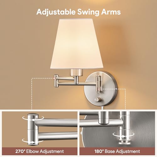 VONLUCE Wall Lamp, Plug in & Swing Arm Wall Sconce, Nickel Finish | Modern Wall Lights with White Fabric Shades, Plug in & Hardwired Wall Mounted Light for Bedside, Living Room, Hallway - color: Nickel, size: 1 Pack