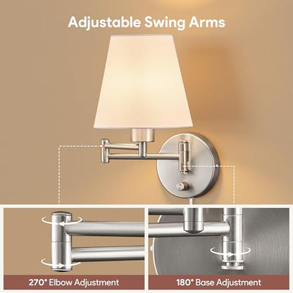 VONLUCE Wall Sconce Set of 2, Plug in & Swing Arm Wall Lamps, Nickel Finish | Modern Wall Lights with White Fabric Shades, Plug in & Hardwired Wall Mounted Light for Bedside, Living Room, Hallway - color: Nickel, size: 2 Pack