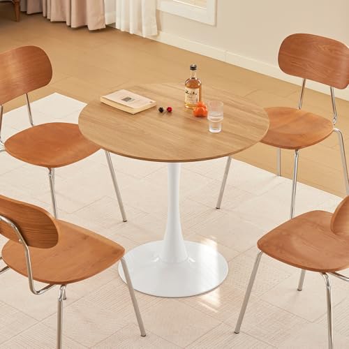 Round Dining Table, 31.5" Circle Tulip Table with Thickened Tabletop & Metal Pedestal, Mid Century Modern Bistro Table for Kitchen, Small Places, Living Room, Cafe (Faux Oak) - color: Faux Oak, size: 31.5"