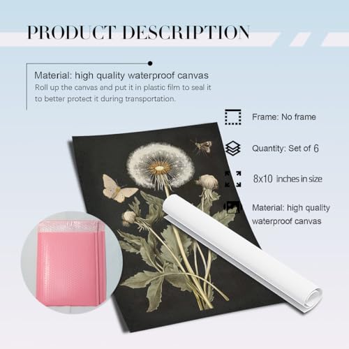 CEXYLVXR 6Pcs Vintage Botanical Wall Art Set Wildflower Herb Canvas Prints Rustic Farmhouse Wall Decor Pictures Dark Botanical Floral Painting for Living Room Bedroom Bathroom (8x10in Posters) - size: 8L" x 10W"
