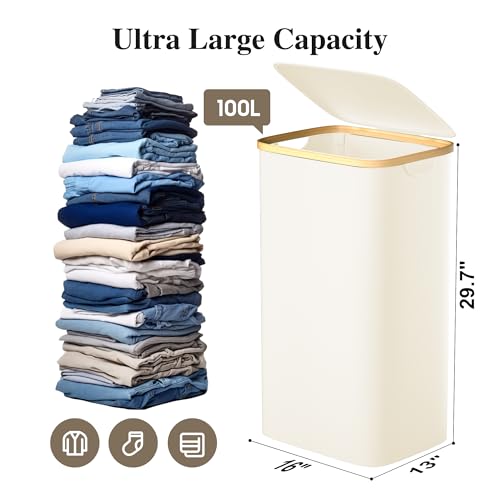Foluck Large Laundry Hamper, 100L Waterproof Laundry Basket with Lid and Removable Bag, Collapsible Tall Clothes Hamper with Bamboo Handles for Clothes Toys in Dorm Bedroom Bathroom, Beige, ZYL101-W - color: Beige, size: 100L