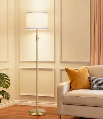 【Upgraded】 Dimmable Gold Floor Lamps for Living Room, 9W LED Bulb Included, Modern Standing Lamp with White Lamp Shade, Tall Pole Light for Bedroom Reading Office Corner Nursery - color: Gold-White Linen Shade