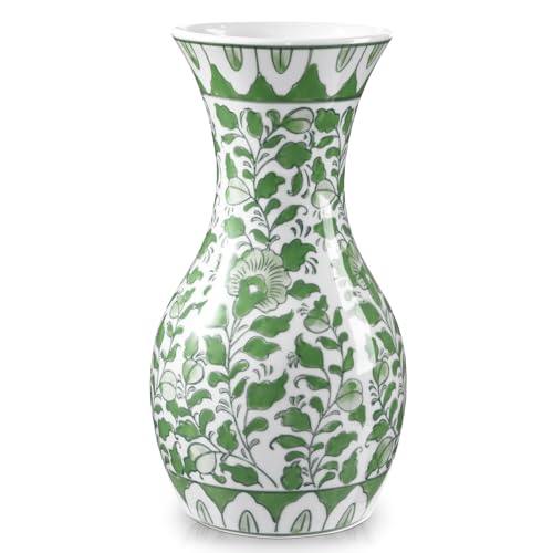 Green and White Ceramic Vase 11" Chinoiserie Flower Vase in Wide Mouth | Hand-Painted Floral Motif, Triple-Fired Glazed Ceramic, Vintage Chinoiserie Decor for Home Decor Bookshelf Side Table Desk - color: #Green Floral Texture