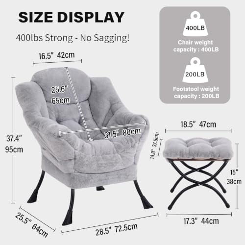 Lazy Chair with Ottoman, Comfy Reading Accent Chair, Plush Light Grey | Foldable Footrest, Padded Seat and Backrest, Side Pocket for Lounging in Living Rooms, Bedrooms, Dorms and Small Spaces - color: Plush-light Grey