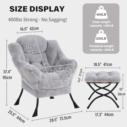 Lazy Chair with Ottoman, Comfy Reading Accent Chair, Plush Light Grey | Foldable Footrest, Padded Seat and Backrest, Side Pocket for Lounging in Living Rooms, Bedrooms, Dorms and Small Spaces - color: Plush-light Grey