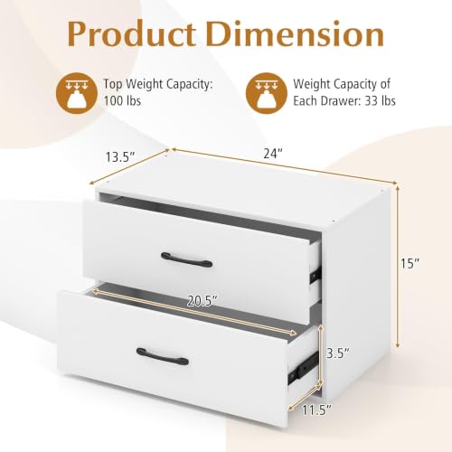 SIMOE 24" W White Stackable 2-Drawer Dresser for Bedroom, Short Storage Cabinet with Metal Handles, Wood Drawer Organizer with Anti-Tip Kits, Compact Chest of Drawers for Office, Entryway