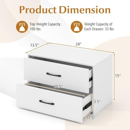 SIMOE 24" W White Stackable 2-Drawer Dresser for Bedroom, Short Storage Cabinet with Metal Handles, Wood Drawer Organizer with Anti-Tip Kits, Compact Chest of Drawers for Office, Entryway