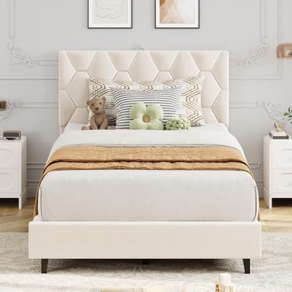 GAOMON Beige Twin Upholstered Bed Frame, Heavy-Duty Platform Bed Frame with Upholstered Headboard & Strong Wood Slats, No Box Spring Needed/Noise Free/Easy Assembly | Heavy-Duty Bed Frame with Wooden Slats Support Upholstered Mattress Foundation No Box Sp