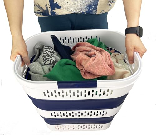 SAMMART 38L (10 Gallon) Collapsible Plastic Laundry Basket - Portable Pop-Up Storage Container/Organizer – Foldable Space Saving Laundry Hamper (2, White/Starry Blue) - color: White/Starry Blue