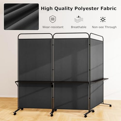 Giantex 3 Panel Room Divider with Wheels and Shelves, 103" W x 74" H Folding Privacy Screen, Rolling Partition Separator for Home Office Studio, Fabric Wall Divider for Room Separation (Black) - color: Black