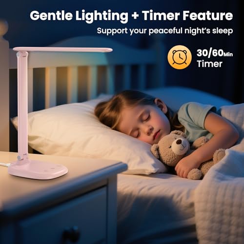 Desk Lamp with Charger, 10%-100% Stepless Dimmable & 5 Color Modes Study Lamp, Touch Control, 30-/60-minute Timer, USB Charging Output Port, CRI≥90, Eye-Caring Foldable LED Desk Lamps for Home Office - color: Pink-US