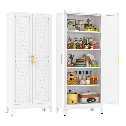 71" Metal Kitchen Pantry Storage Cabinet with 2 Doors and 4 Adjustable Shelves,White Farmhouse Pantry Cabinet,Steel Garage Tool Cabinet Freestanding Cupboard for Kitchen,Dinning Living Room - color: 3white, size: 15"D x 29.9"W x 71"H