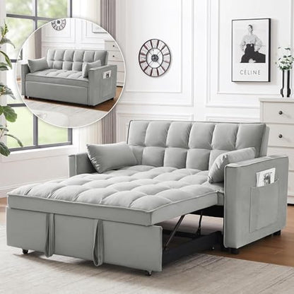 3 In 1 Velvet Convertible Sofa Bed, Pull Out Couch Bed with Reclining Backrest And 2 Pillows, 54" Full Size Loveseat Sleeper Sofa Futon Couch Beds, Couches For Small Spaces, Living Room (Silver Grey) - color: Silver Grey