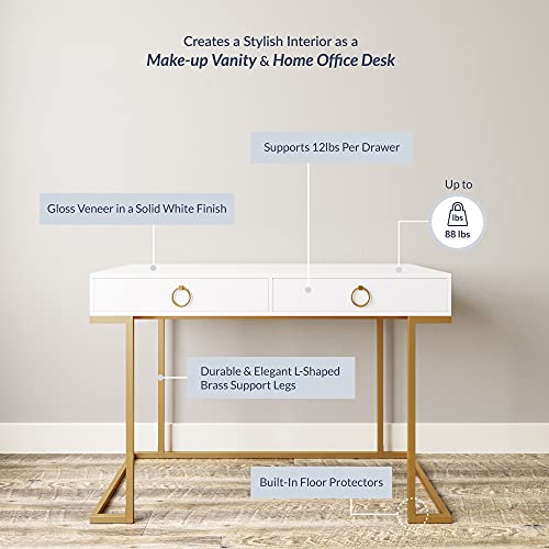 BELLEZE Vanity Desk with 2 Drawers, 45 Inch Computer Desk Mordern Vanity Makeup Dressing Table Home Office Desk Laptop Study Writing Table with Gold Metal Frame, White - color: White, size: 45" L Shape