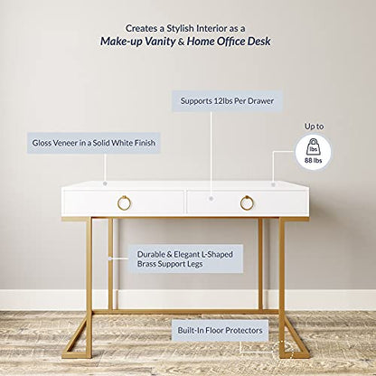 BELLEZE Vanity Desk with 2 Drawers, 45 Inch Computer Desk Mordern Vanity Makeup Dressing Table Home Office Desk Laptop Study Writing Table with Gold Metal Frame, White - color: White, size: 45" L Shape
