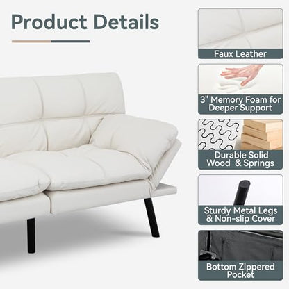 Futon Sofa Bed Convertible Couch, White Faux Leather Sofa Bed | Adjustable Backrest & Armrests, Multifunctional Small Loveseat Sleeper Sofa for Living Room, Apartment, Office, Foam Couch - color: A7 | White