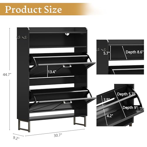 Shoe Storage Cabinet with 2 Flip Drawers, Narrow Wood Shoe Cabinet Storage for Entryway with Metal Legs & Hooks, Adjustable Shelves, Freestanding Shoe Rack Organizer for Foyer, Hallway, Black - color: Black, style: 2 Drawers