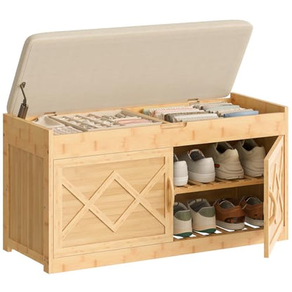 HOOBRO Shoe Bench, Shoe Storage Bench with Cushion, Bamboo Entryway Bench with Hidden Compartment, Storage Bench with Lift Top and 2 Door, for Living Room, Bedroom, Hallway, Beige and Natural YE60HX01