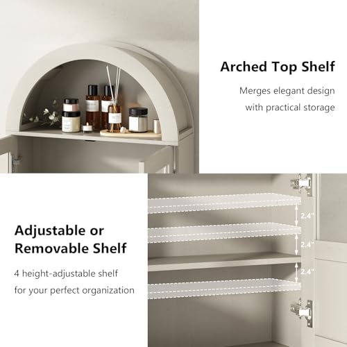 RUSTOWN Arched Bathroom Wall Cabinet with 2 Glass & Rattan Doors | Rattan Medicine Cabinet, Farmhouse Over the Toilet Storage Cabinet, Adjustable Shelves, 3-Tier Wall Mounted Cabinets - color: Rustic White