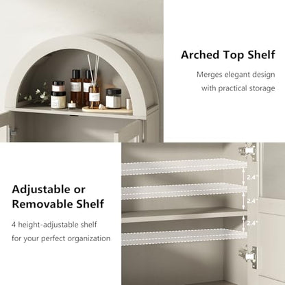RUSTOWN Arched Bathroom Wall Cabinet with 2 Glass & Rattan Doors | Rattan Medicine Cabinet, Farmhouse Over the Toilet Storage Cabinet, Adjustable Shelves, 3-Tier Wall Mounted Cabinets - color: Rustic White