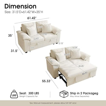 61” Pull Out Couch, 2 in 1 Sleeper Sofa Bed with Throw Pillow, Convertible Small Loveseat Sleeper Couch for Living Room, Bedroom, Apartment (Beige) - color: Beige, size: 2 Seat Sleeper