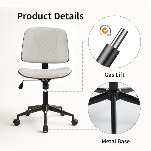VipDesk Small Home Office Chair - Armless Mid Back Desk Chair with 360° Swivel and Wheels, PU Upholstered Height Adjustable Modern Walnut Computer Chair for Home, Office Meeting Room - White - color: White, size: MCM Style