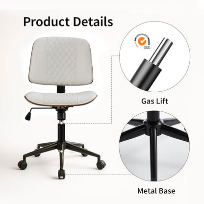 VipDesk Small Home Office Chair - Armless Mid Back Desk Chair with 360° Swivel and Wheels, PU Upholstered Height Adjustable Modern Walnut Computer Chair for Home, Office Meeting Room - White - color: White, size: MCM Style