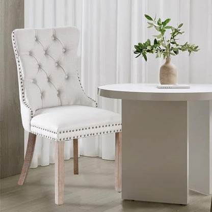 Linen Upholstered Dining Chairs Set of 4, Modern Style Kitchen Side Chairs with Nailhead Trim and Wood Leg, Metal Pulling Ring for Dining Room Living Room(Beige,Set of 4) - color: Beige-linen, size: Set of 4