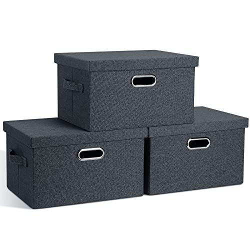 Graciadeco Medium 15" 21 Quart Collapsible Stackable Storage Bins with Lids, 3 Packs Dark Grey Foldable Fabric Closet Boxes Heavy-duty Linen Cube Baskets Container for Bedroom Office (15 x 11 x 8) | 21 Quart 3 Pack Dark Gray Collapsible Stackable Linen Fa