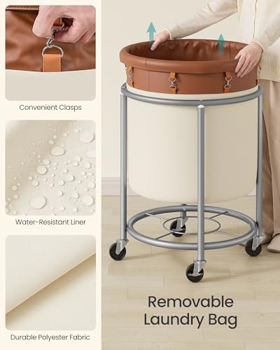SONGMICS Laundry Basket, Rolling Steel Frame with 2 Locking Wheels, 190 L | Heavy-Duty Laundry Hamper Cart with Removable Bag, Coffee Brown and Cream White, URLS001KQ02 - color: Coffee Brown + Cream White, size: 190 L (1-Section)