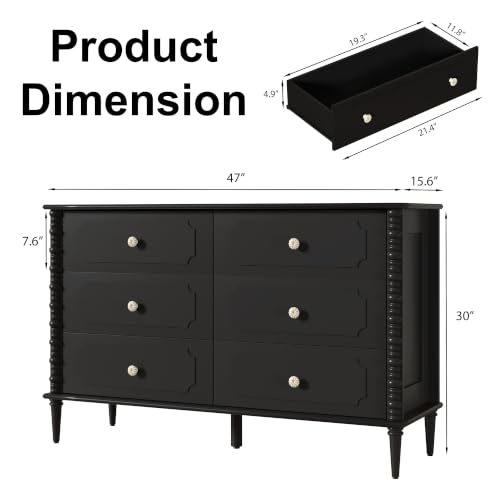 Black 6 Drawer Dresser for Bedroom, 47" Wide Chest of Drawers with Turned Legs and Ceramic Knobs, Double Dresser, Wood Drawer Storage Organizer for Bedroom, Living Room, Hallway - color: Black, size: 15.5"D x 47"W x 30"H (6 Drawers)