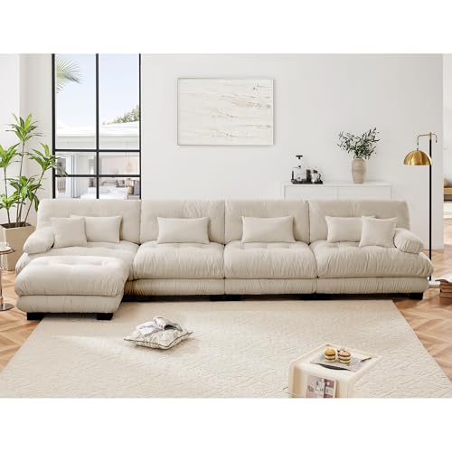 Modular Sectional Sofa for Living Room,173" L-Shaped Comfy Couch with Ottoman, Oversized 4 Seater Beige Sectional Couches with Pillows, Fluffy Couch Set with Deep Seat - color: Chenille Beige, size: 4-Seat & 1-Ottoman