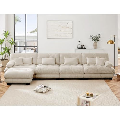 Modular Sectional Sofa for Living Room,173" L-Shaped Comfy Couch with Ottoman, Oversized 4 Seater Beige Sectional Couches with Pillows, Fluffy Couch Set with Deep Seat - color: Chenille Beige, size: 4-Seat & 1-Ottoman