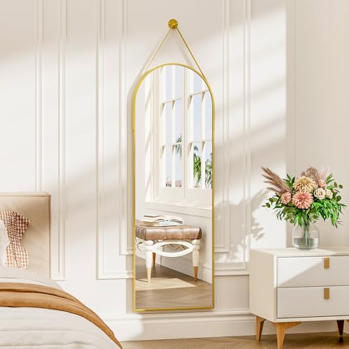 16"x48" Hanging Mirror with Leather Strap,Arched Full Length Mirror with Aluminum Frame Wall-Mounted Hanging Mirrors for Bathroom Vanity Living Room Bedroom Entryway Décor, Gold - color: Gold, size: 48"L x 16"W
