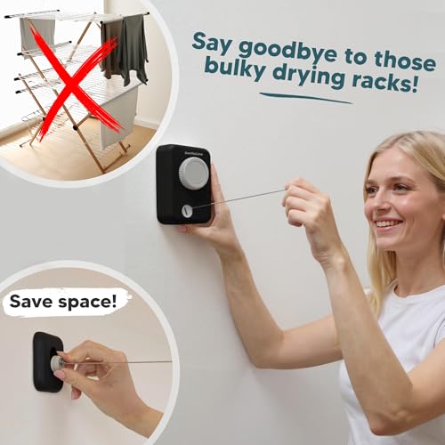 Max – Retractable Clothesline Indoor Outdoor, Non-Sagging Heavy Duty Clothes Drying Line, Wall Mounted Drying Rack, Air Dry Clothing, Max Tighten with GorillaGrip - style: Black - Upgraded Model