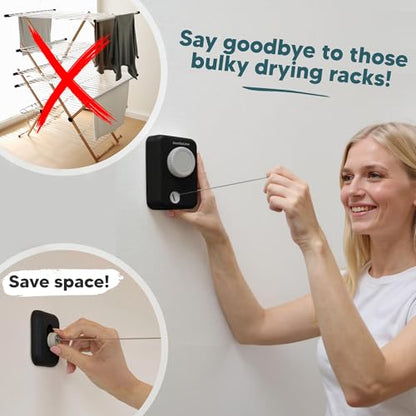 Max – Retractable Clothesline Indoor Outdoor, Non-Sagging Heavy Duty Clothes Drying Line, Wall Mounted Drying Rack, Air Dry Clothing, Max Tighten with GorillaGrip - style: Black - Upgraded Model