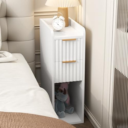 Narrow Nightstand Set of 2, 7.9" Wood Nightstands w/Fluted 2 Drawer, Slim Bed Side End Table Small Spaces Modern Skinny Wooden Night Stand for Bedroom, Living Room, White