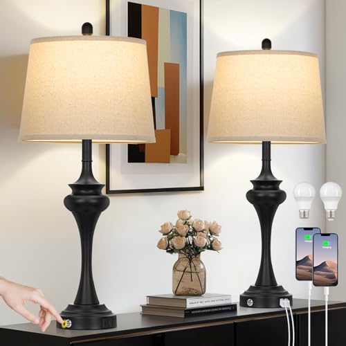 Rinweey 30" Black Tall Table Lamps for Living Room, Touch Control Bedside Lamp with USB A+C Ports, 3-Way Modern Bedroom Table Lamps Set of 2, Elegant Metal Lamp for Nightstand Desk Side Table Office - color: Black-30”H