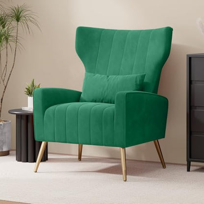 Nebuaegis Velvet Accent Chair Wingback for Living Room, High Back Arm Chair with Golden Legs Lumbar Pillow, Upholstered Single Sofa Bedroom Green - color: Green, size: Set of 1