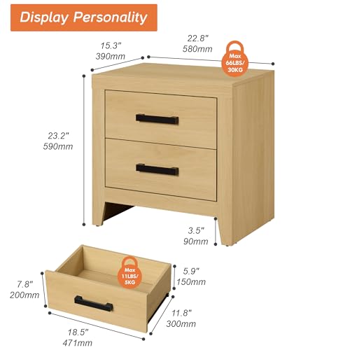 WAMPAT Nightstand with 2 Large Drawers,Wooden Nightstand with Storage,Farmhouse Bedside Table End Table for Bedroom, Oak - color: Oak