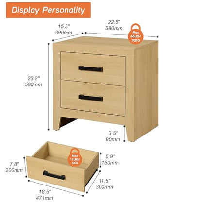 WAMPAT Nightstand with 2 Large Drawers,Wooden Nightstand with Storage,Farmhouse Bedside Table End Table for Bedroom, Oak - color: Oak