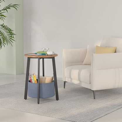 sthmec Small Round Side End Table with Storage Basket, Round Bedside Sofa Couch Coffee Tables for Small Places with Metal Frame, Modern Nighstands for Living Room Bedroom, Rustic Brown - color: Rustic Brown