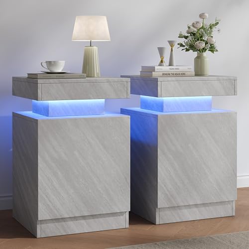 Nightstands Set 2, 15 Inches LED Night Stand Set of 2, Modern Bedside Table with LED Lights, High Gloss Surface, End Table with Storage for Bedroom, Grey - color: Grey-15"
