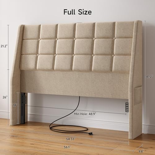 Ergonomic Upholstered Full Size Headboard w/Charging Station, Linen Wingback Headboards w/Storage Pocket, Full Headboard Only, Bed Frame Adapters, Sturdy Solid Wood Bed Head Board, Beige - color: Beige, size: Full